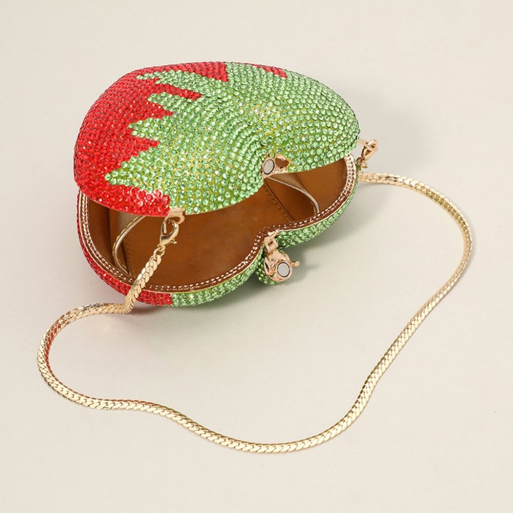 Crystal Strawberry Rhinestone Heart Clutch with Gold Chain